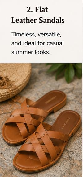 Tan flat leather sandals with woven straps styled on a warm neutral background for everyday summer wear.