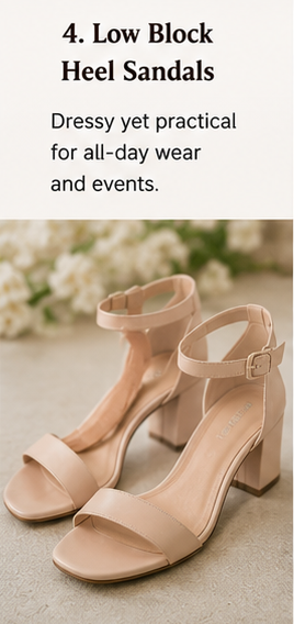 Nude low block heel sandals with ankle straps styled for dressy summer events and all-day comfort.