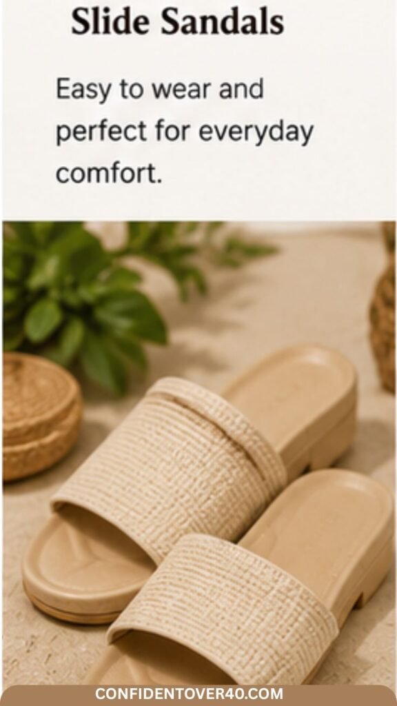 Beige cushioned slide sandals styled on a neutral summer background with woven decor and soft natural lighting.