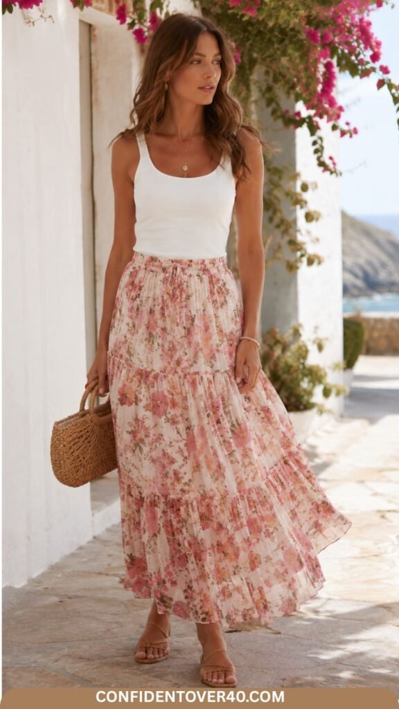 Woman wearing a floral maxi skirt, white tank top, and tan flat strappy sandals during a sunny coastal walk.