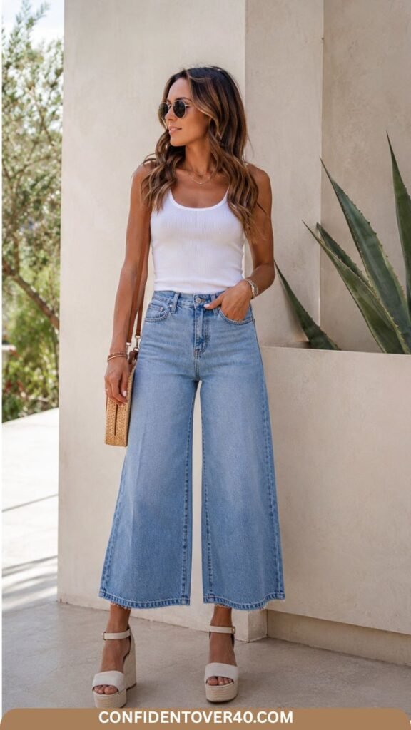 Woman wearing wide-leg cropped jeans, a white tank top, and cream platform sandals for a modern casual summer look.