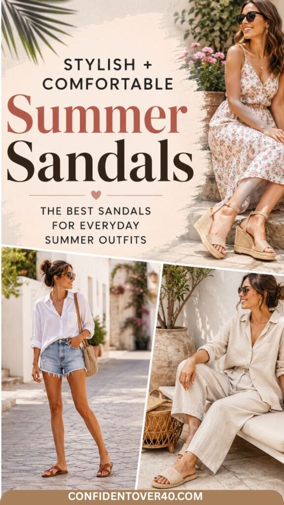 Pinterest cover collage featuring summer sandal outfit ideas, including a floral dress with wedge sandals, denim shorts with flat sandals, and a linen outfit with slide sandals.