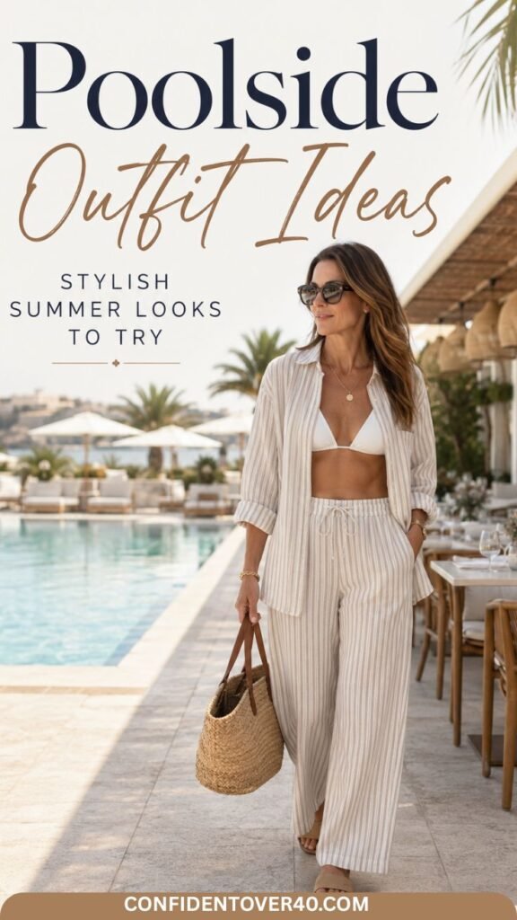 Woman wearing a white bikini top with a striped linen matching set, straw tote, sandals, and sunglasses walking beside a poolside restaurant with text overlay reading Poolside Outfit Ideas.