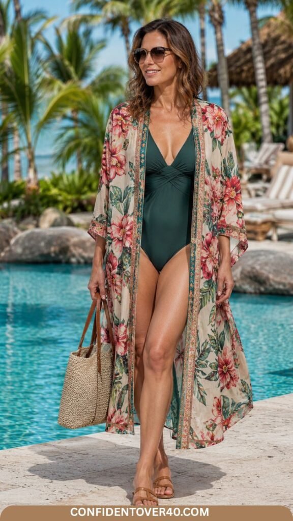 Woman wearing a green one-piece swimsuit with a floral printed kimono, sandals, sunglasses, and a woven bag at a tropical pool.
