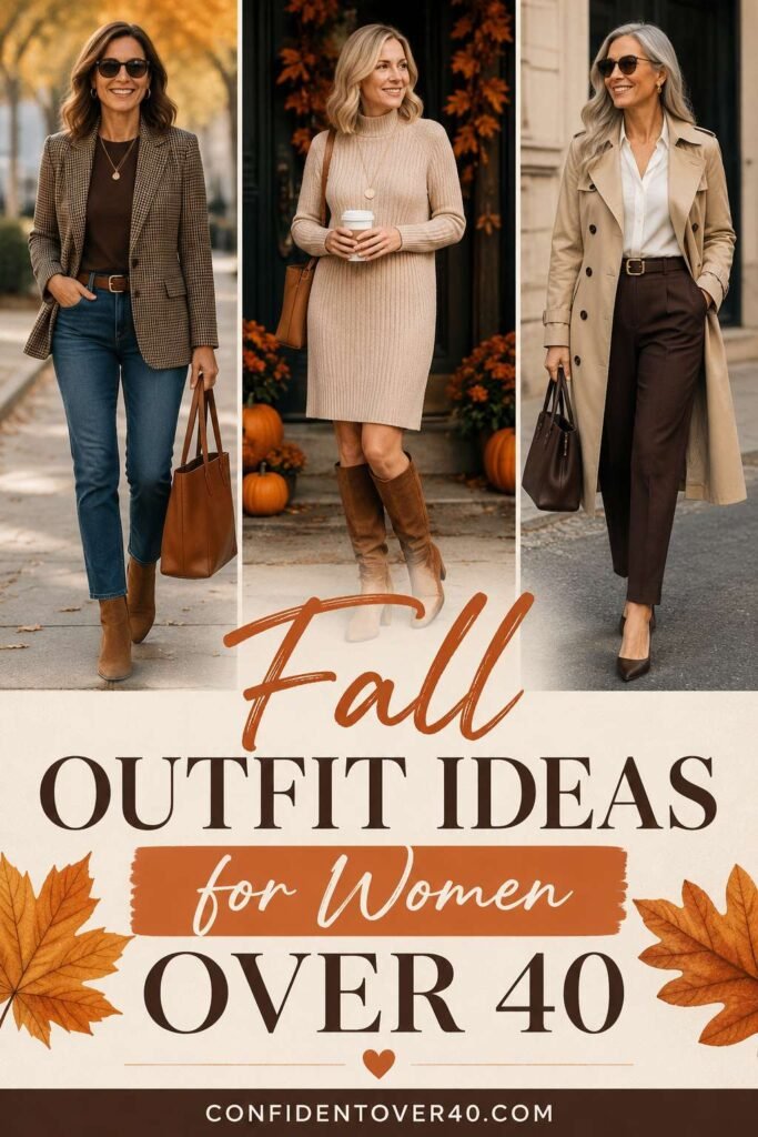 Pinterest pin featuring three stylish women over 40 wearing chic fall outfits including a plaid blazer with jeans, a knit dress with boots, and a trench coat with trousers.