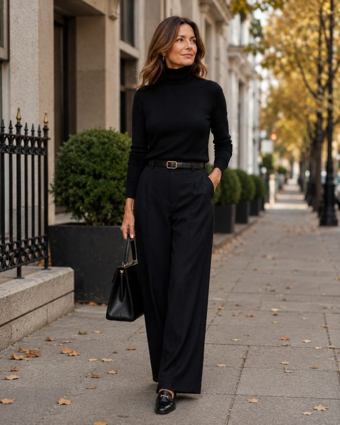 Woman over 40 wearing a black turtleneck, black wide-leg trousers, loafers, and a structured handbag for fall.