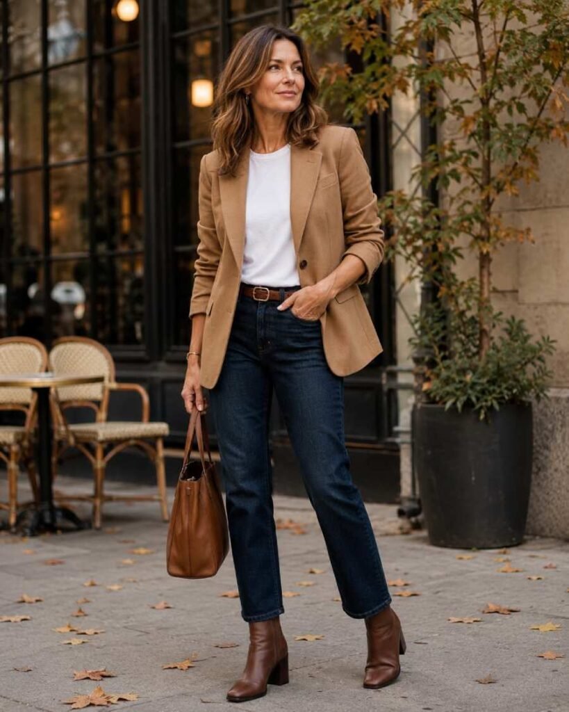Woman over 40 wearing a camel blazer, white tee, dark jeans, and brown ankle boots for a polished fall outfit.
