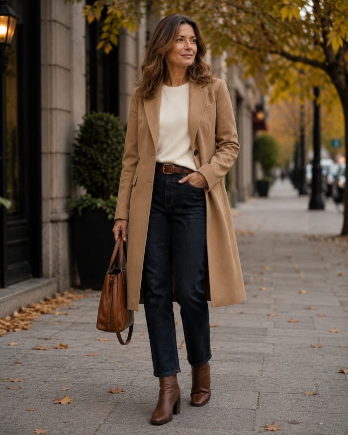 Woman over 40 wearing a camel coat, cream sweater, dark denim jeans, and brown ankle boots for a classic fall outfit.
