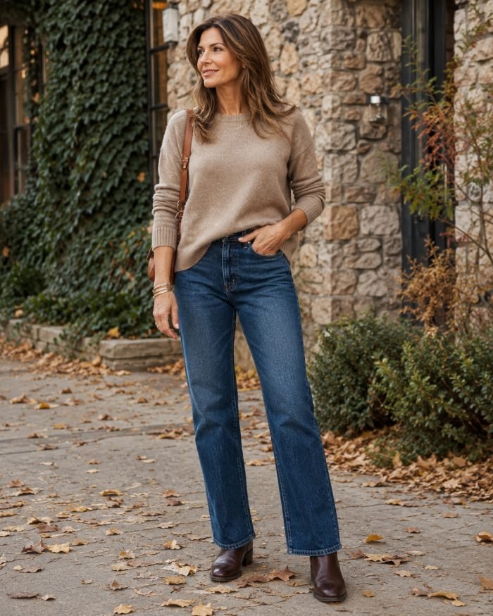Woman over 40 wearing a beige sweater, straight-leg jeans, and brown ankle boots for an easy casual fall outfit.