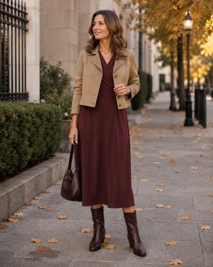 Woman over 40 wearing a burgundy midi dress, cropped tan jacket, and brown boots for a stylish fall outfit.