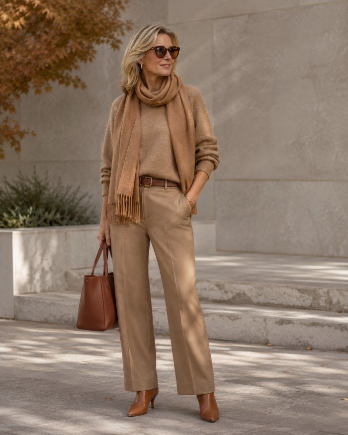 Woman over 40 wearing a monochrome camel outfit with tailored trousers, scarf, sweater, and ankle boots for fall.