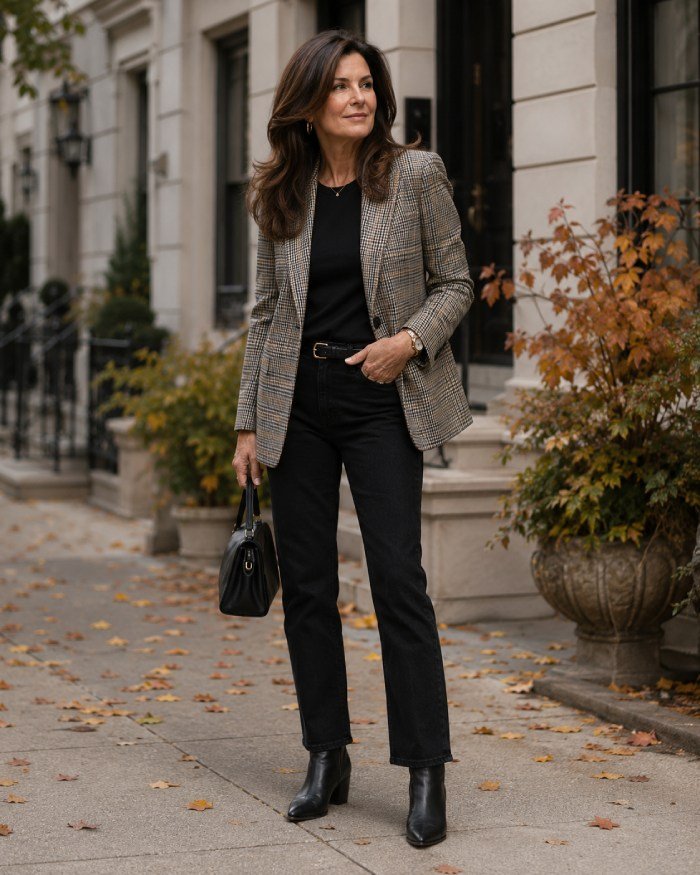 Woman over 40 wearing a plaid blazer, black top, black jeans, and black ankle boots for a polished fall outfit.