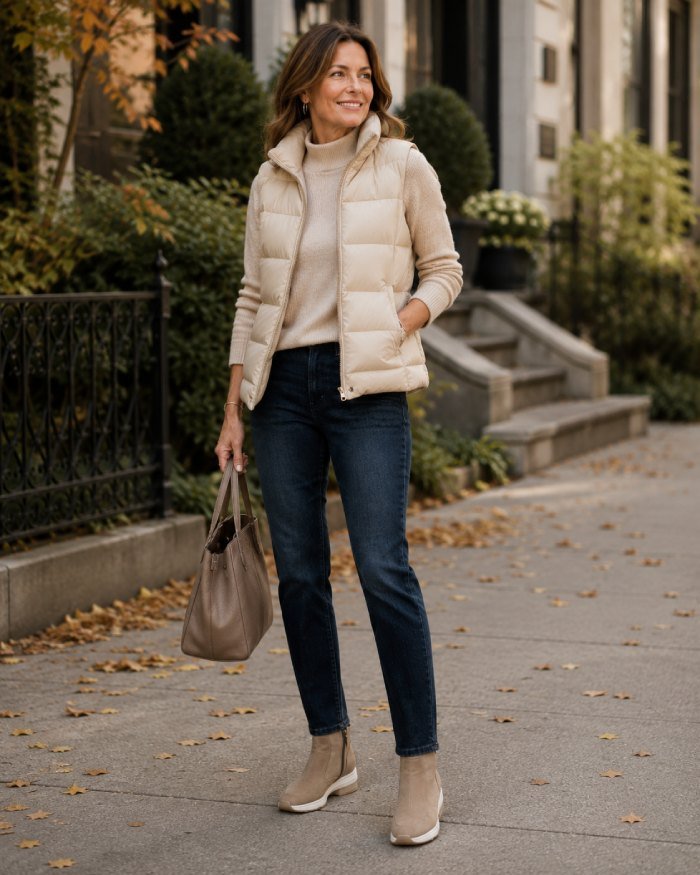 Woman over 40 wearing a cream puffer vest, beige knit sweater, dark jeans, and neutral ankle boots for a casual fall outfit.