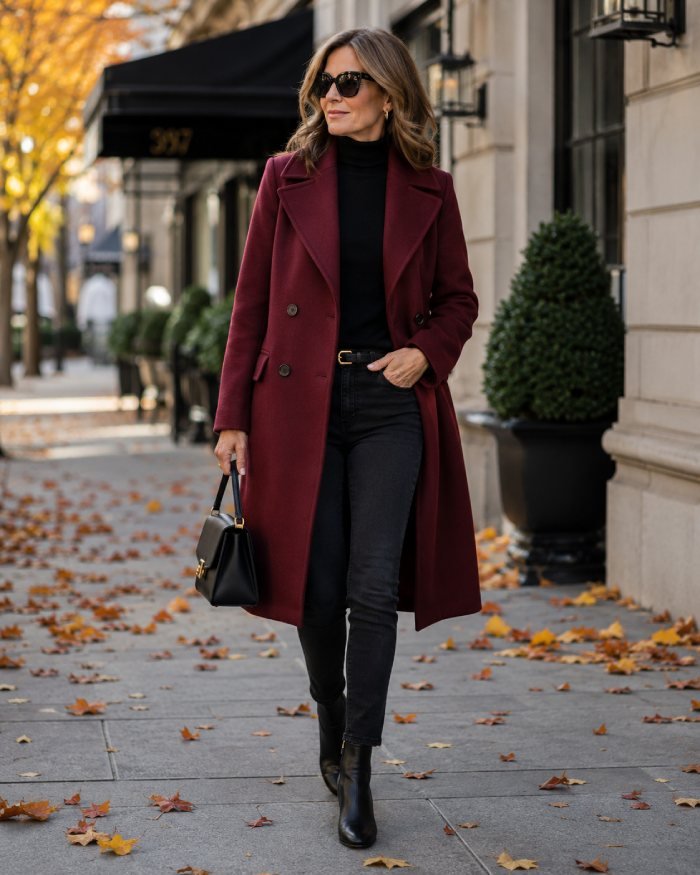 Woman over 40 wearing a burgundy statement coat, black turtleneck, black jeans, and ankle boots for fall.
