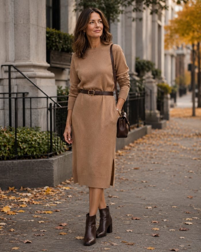Woman over 40 wearing a camel sweater dress with a brown belt and ankle boots for a flattering fall outfit.