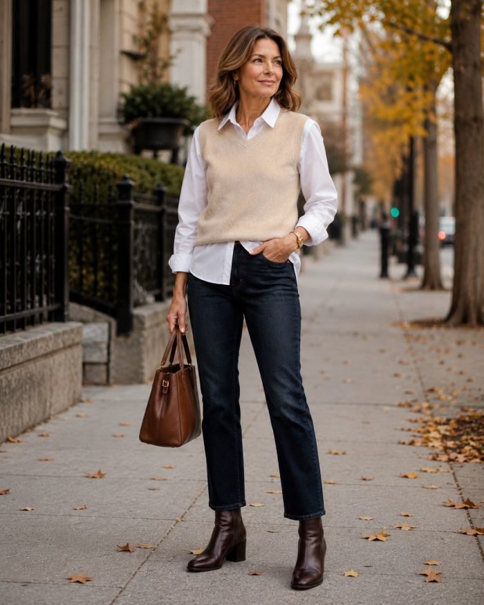 Woman over 40 wearing a cream sweater vest over a white button-down shirt with dark jeans and brown ankle boots for fall.