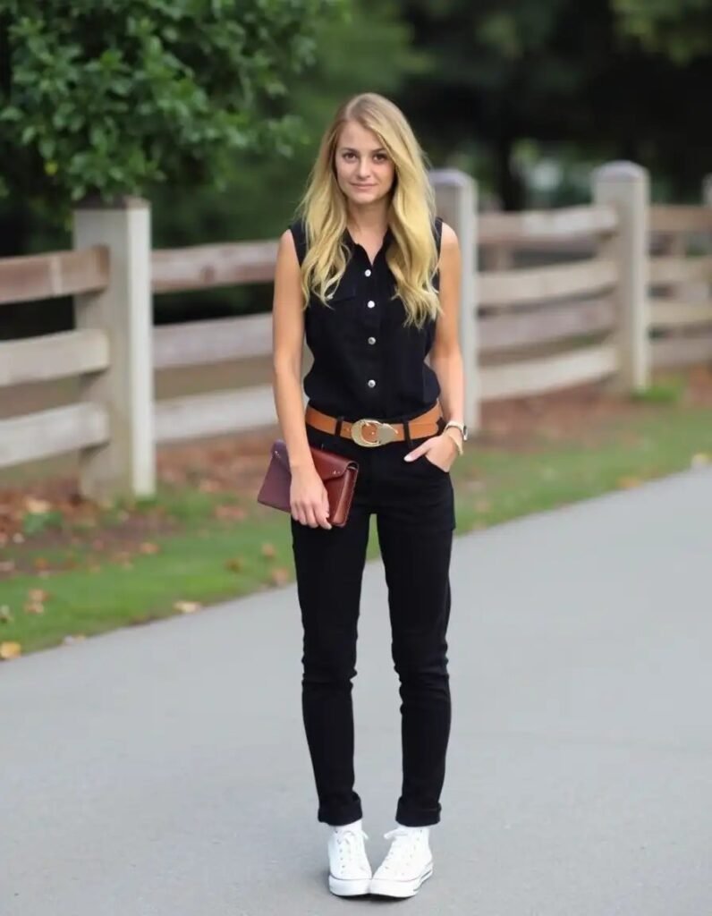 Black denim jumpsuit + western belt + platform Converse
