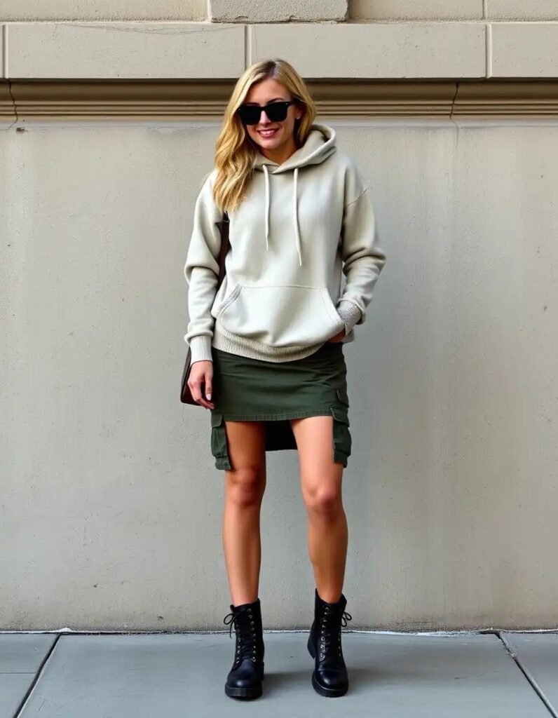 Cashmere hoodie + cargo skirt + combat boots over 40 women