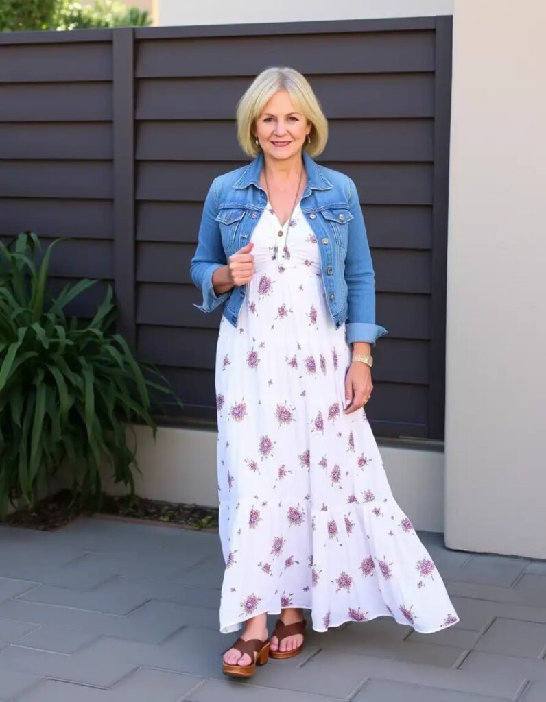 Cotton maxi dress + denim jacket + Teva platform sandals