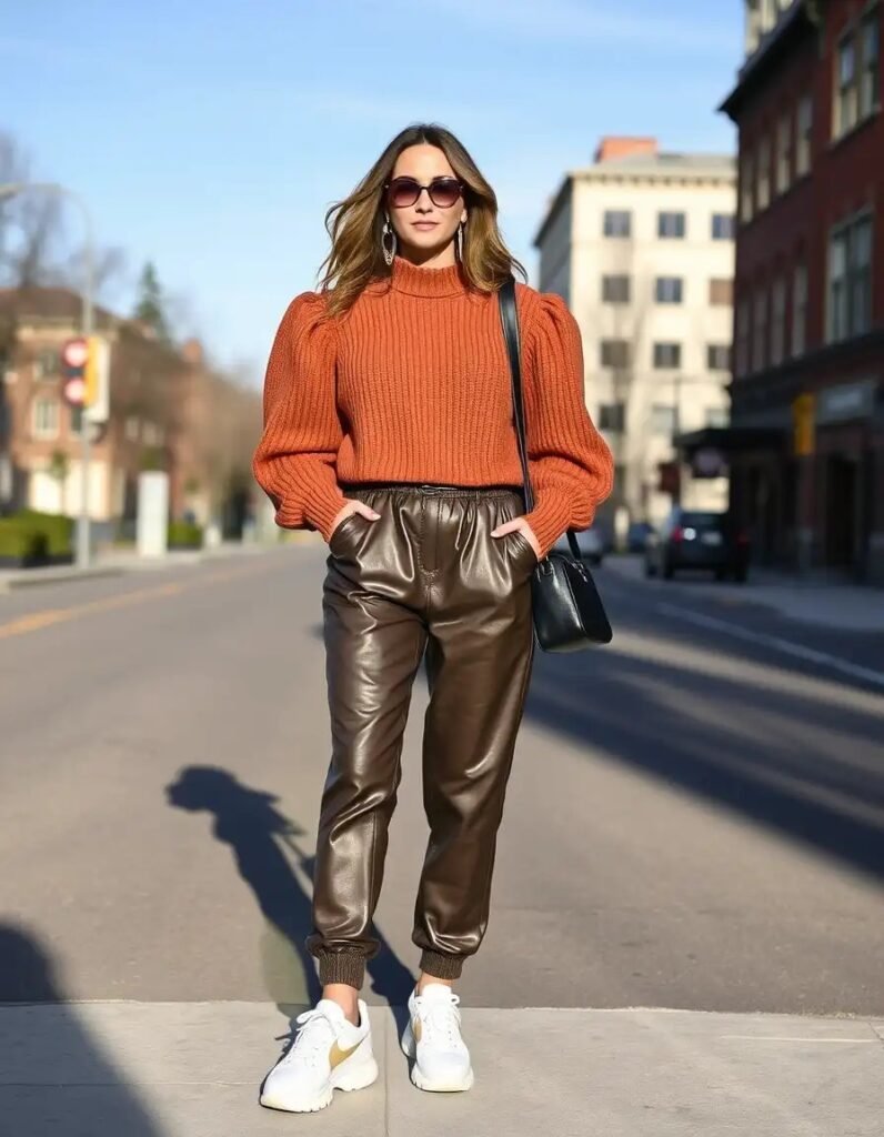 Faux leather joggers + cropped puff-sleeve sweater + chunky dad sneakers