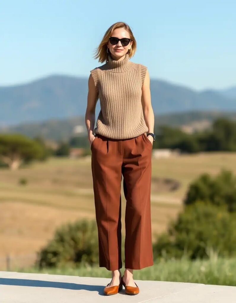 High-neck sleeveless knit + cropped wide-leg pants + ballet flats with grip sole