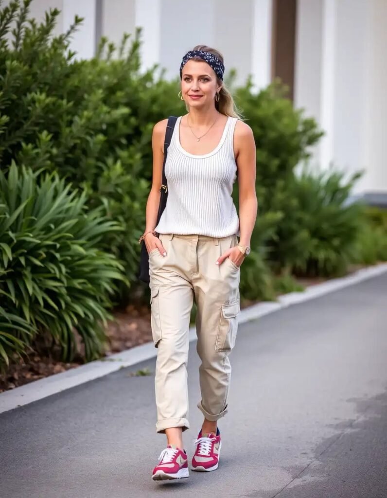Linen cargo pants + ribbed tank + bandana as headband + retro runners