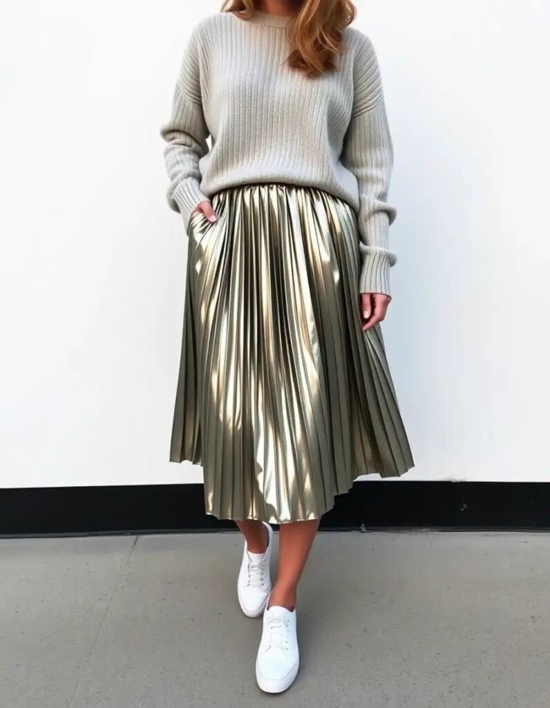 Metallic pleated midi skirt + slouchy sweater + white leather sneakers over 40 women