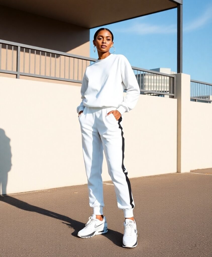Monochrome sweatsuit (elevated French terry) + hoop earrings + Air Max 90s