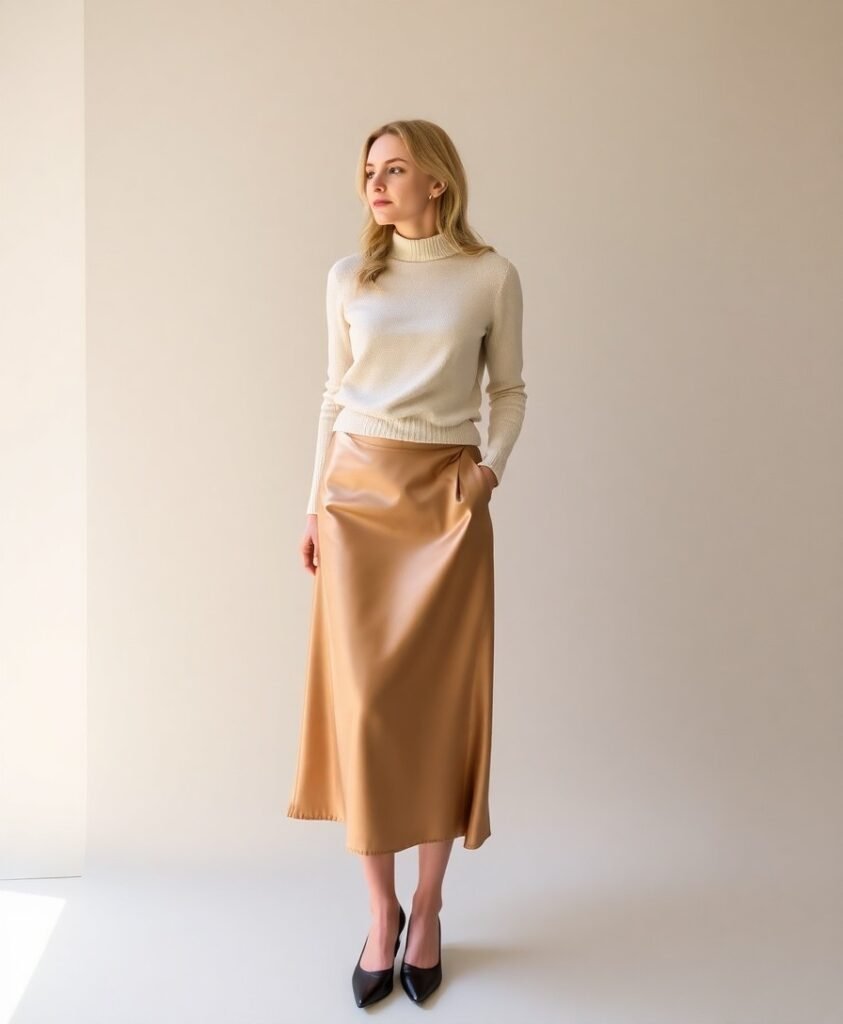 Satin slip skirt + cashmere crewneck + kitten-heel mules