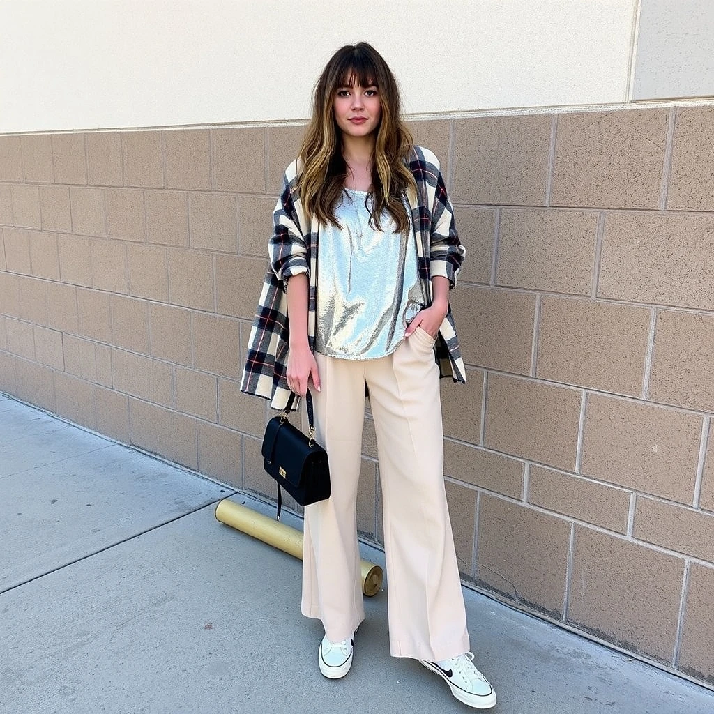 Sequin tank under oversized flannel + wide-leg trousers + Veja sneakers