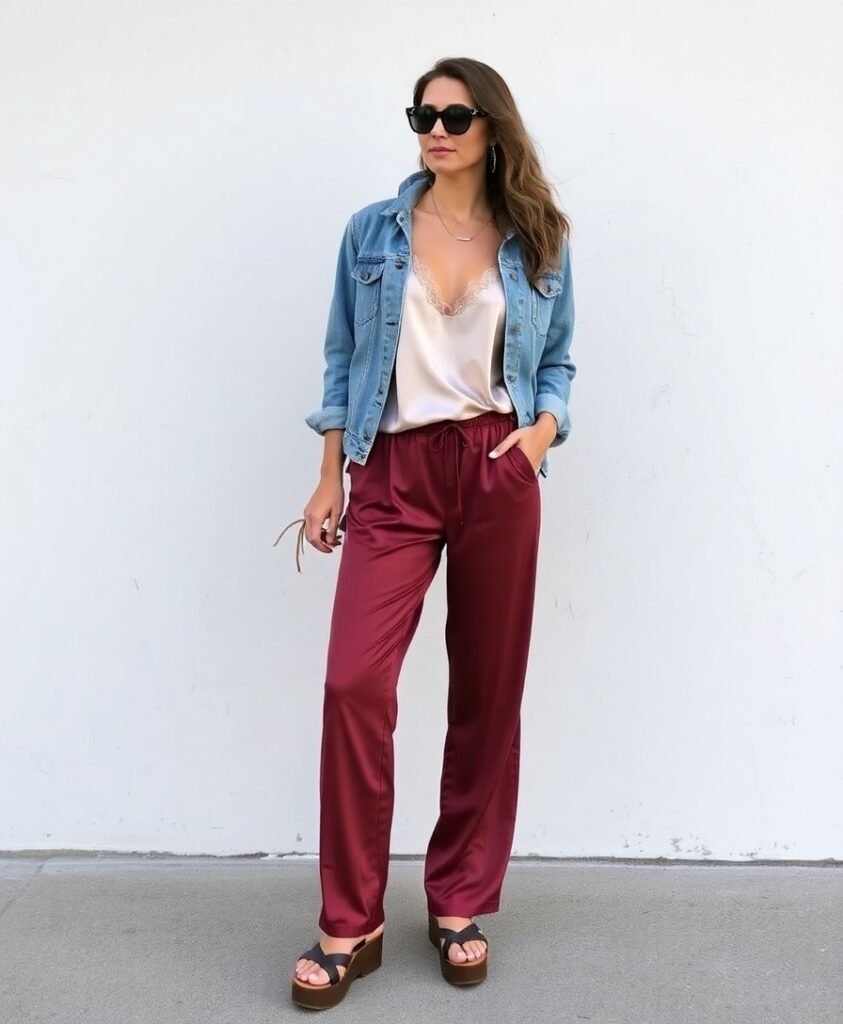 Silk joggers + lace-trim cami + shrunken denim jacket + platform slides