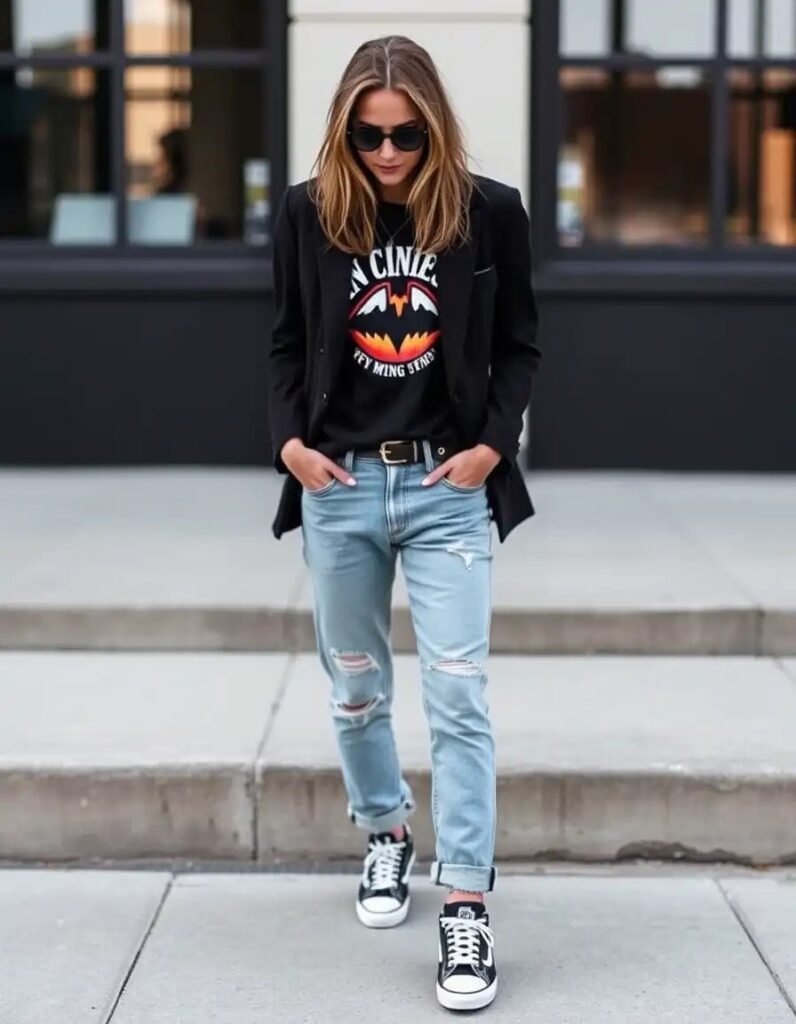 What to Wear to a Concert in Your 40s Slouchy blazer + vintage band tee + barrel jeans + P448 sneakers