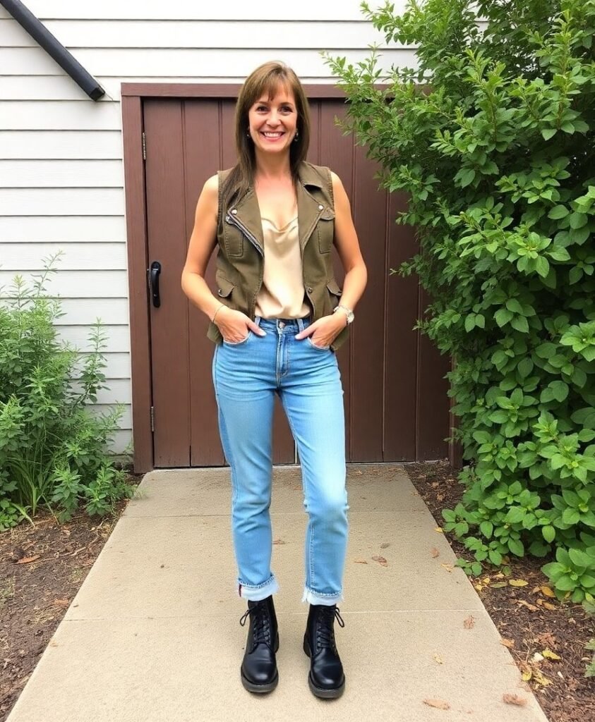 Vintage Levi’s 501 + silk cami + moto vest + Blundstones