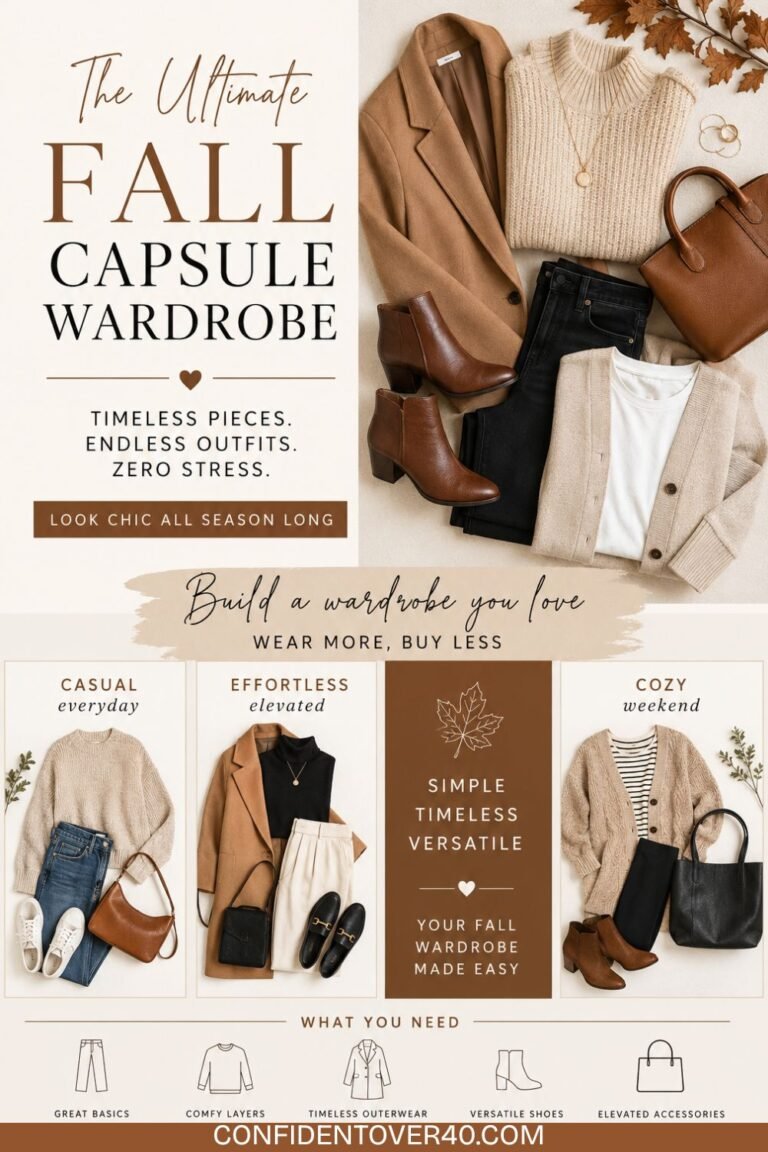 Pinterest pin featuring a neutral fall capsule wardrobe with cozy sweaters, camel coat, ankle boots, jeans, handbags, and chic layered outfit ideas in warm beige and brown tones for women over 40.