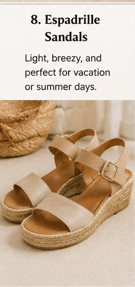 Neutral espadrille sandals with woven wedge soles styled for vacation outfits and breezy summer days.