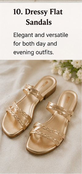 Gold dressy flat sandals with elegant strap details styled for both daytime and evening summer outfits.