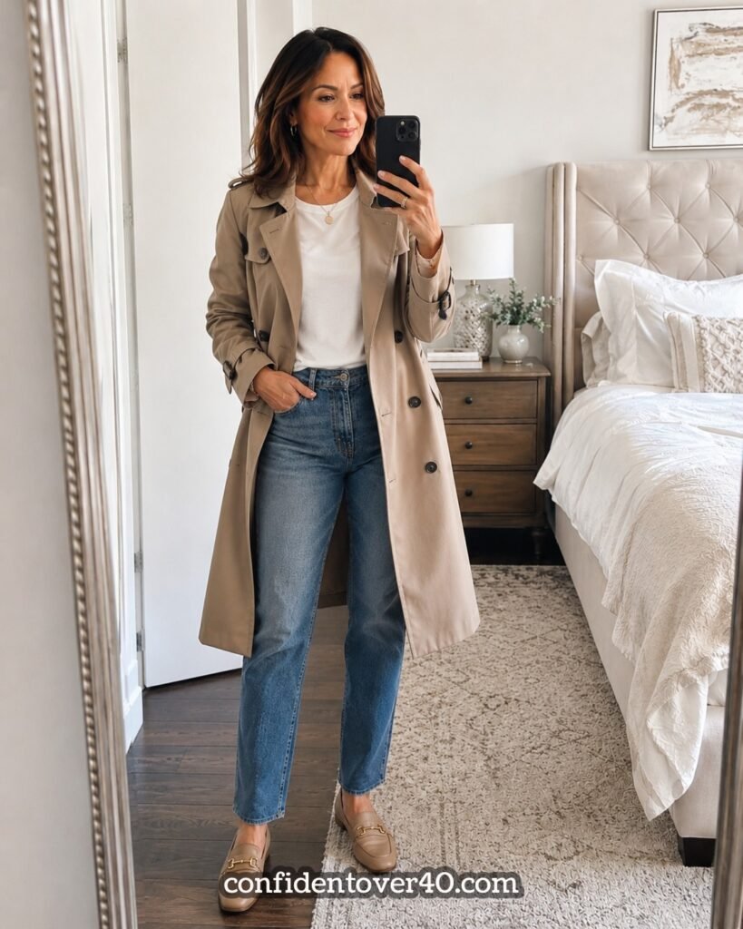 12. Trench Coat with Jeans and Loafers