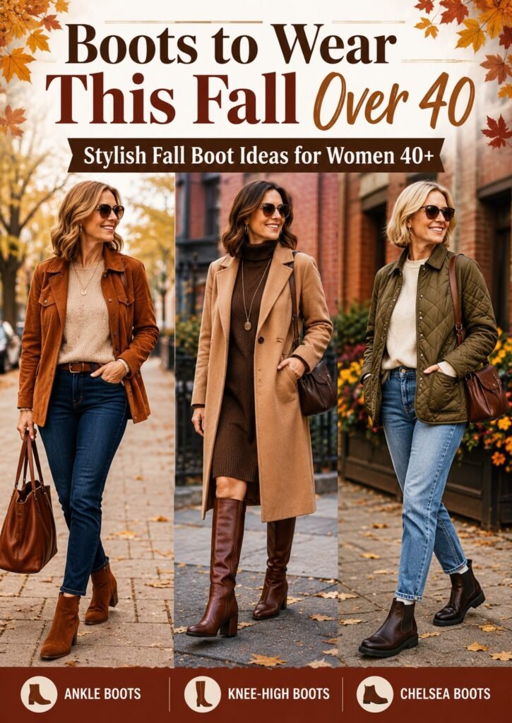 all boot outfit ideas for women over 40 featuring ankle boots, knee-high boots, and Chelsea boots styled with chic autumn outfits.