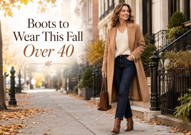 Stylish woman over 40 wearing brown ankle boots, dark jeans, a cream sweater, and camel coat on a fall city sidewalk.
