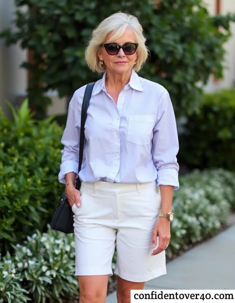 Button-Down Shirt and Tailored Shorts Women Over 40 Outfit