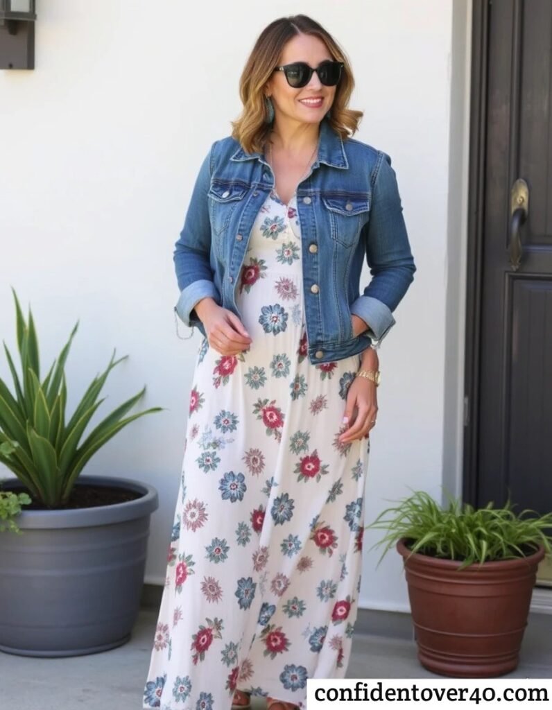 Denim Jacket and Maxi Dress Women Over 40 Outfit
