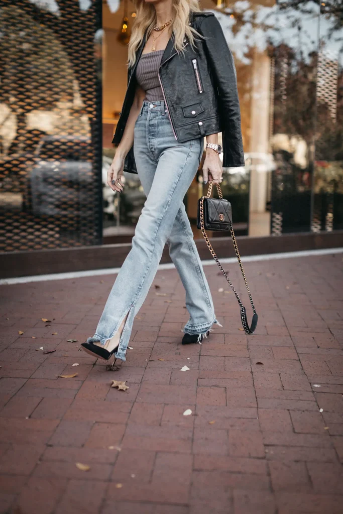 Leather Jacket, Tee, and Straight-Leg Jeans women over 40