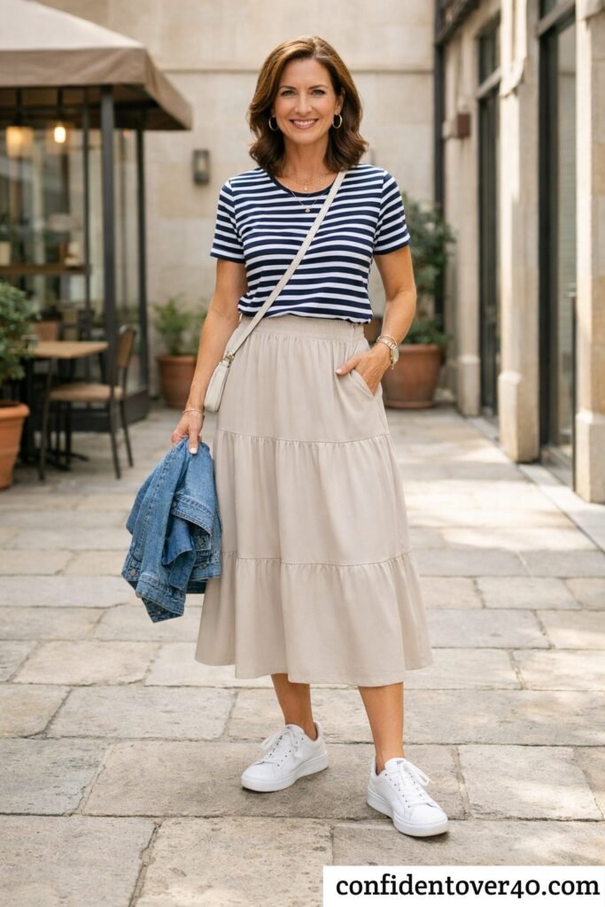 Sneakers and a Midi Skirt, Women Over 40 Outfit