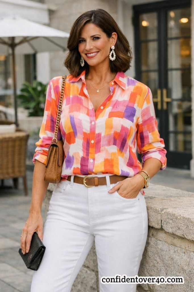 White Jeans and Colorful Button‑Down Shirt Women Over 40 Outfit