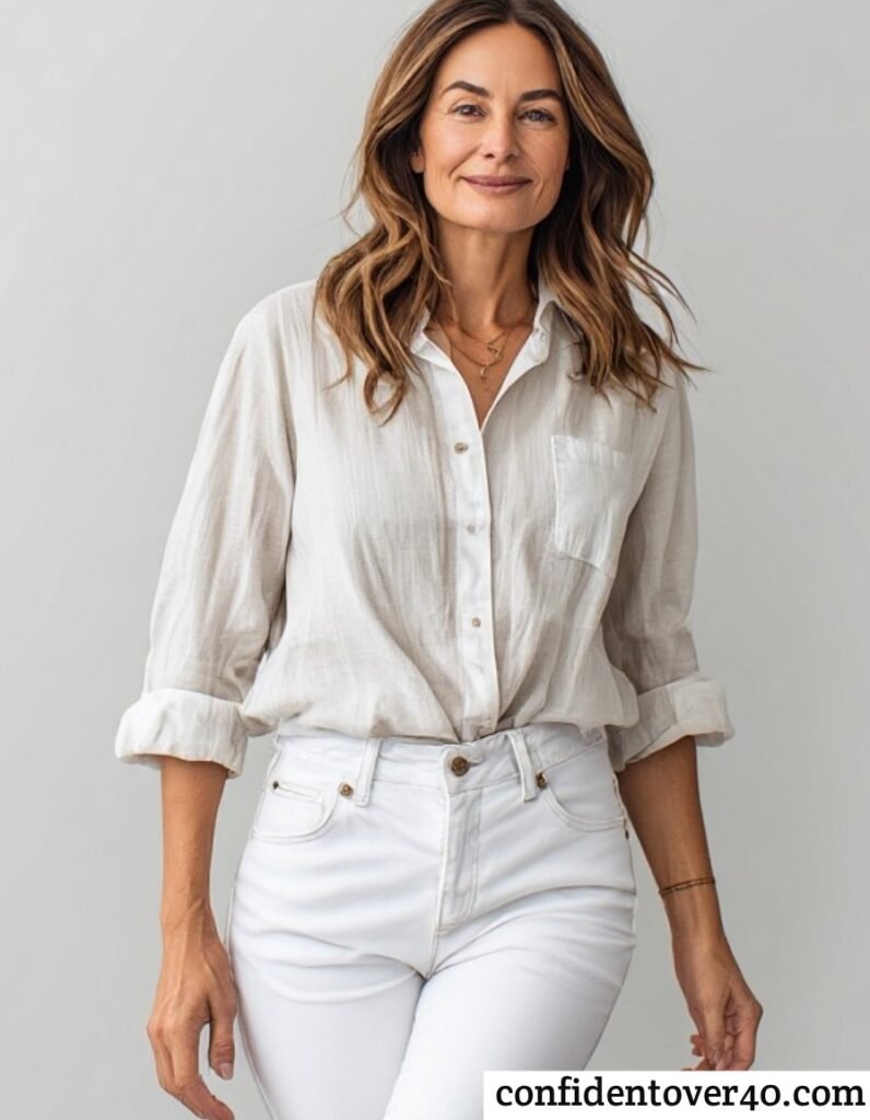 White Jeans and a Linen Shirt Women Over 40 Outfit