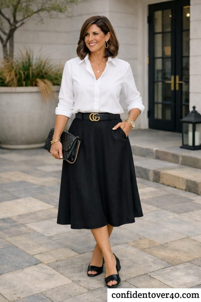 White Shirt and Midi Skirt Women Over 40 Outfit