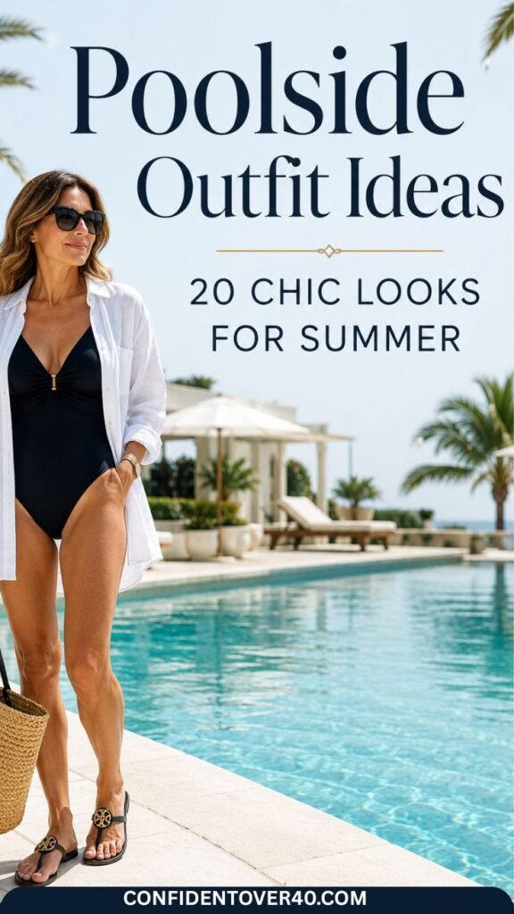 Woman wearing a black one-piece swimsuit with a white linen shirt, straw tote, sandals, and sunglasses beside a luxury resort pool with text overlay reading Poolside Outfit Ideas.