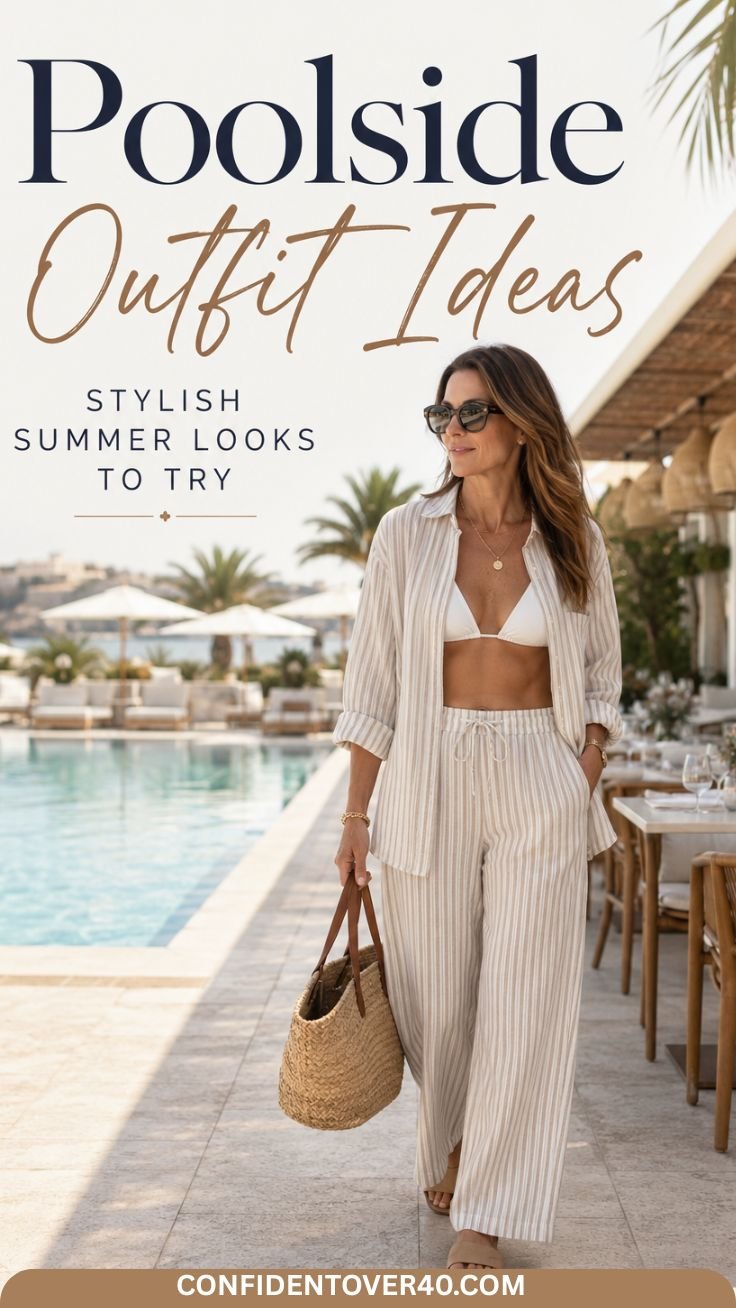 Woman wearing a white bikini top with a striped linen matching set, straw tote, sandals, and sunglasses walking beside a poolside restaurant with text overlay reading Poolside Outfit Ideas.