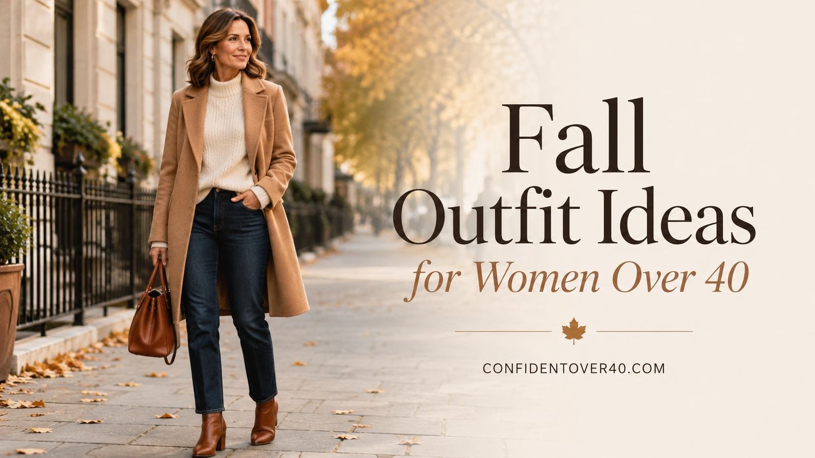 Woman over 40 wearing a camel coat, cream sweater, dark jeans, and brown ankle boots on an autumn city sidewalk with text overlay Fall Outfit Ideas for Women Over 40.