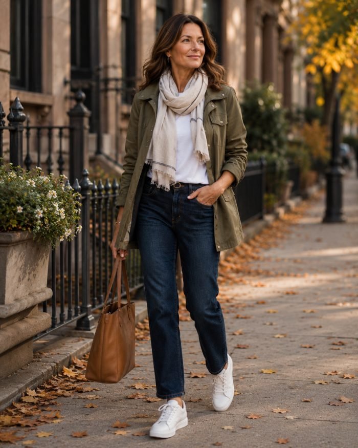 Woman over 40 wearing an olive utility jacket, white tee, scarf, dark jeans, and white sneakers for a casual fall outfit.